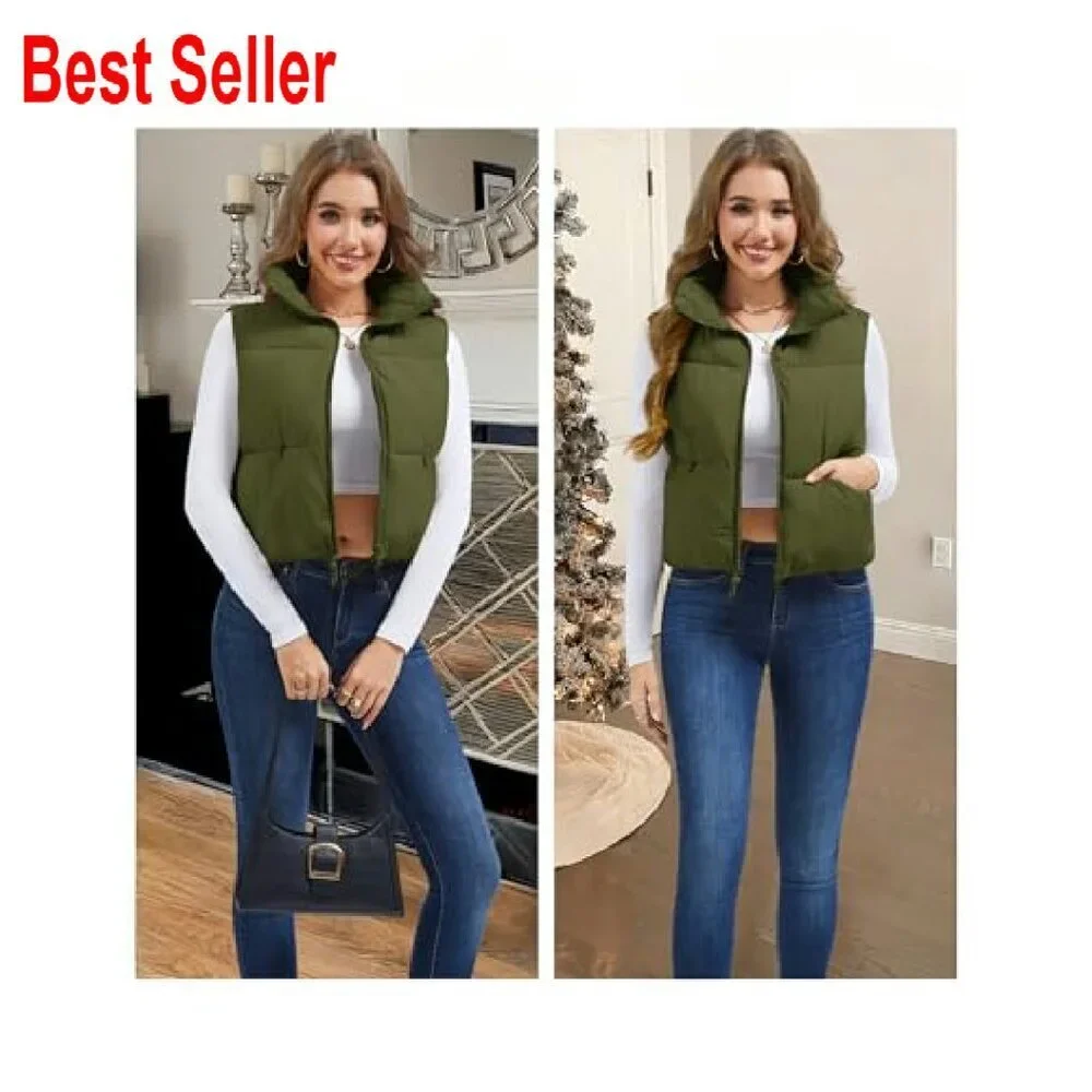 Cropped Puffer Vest Lightweight Warm Zip Up Fashion Stand Collar Chic Layering